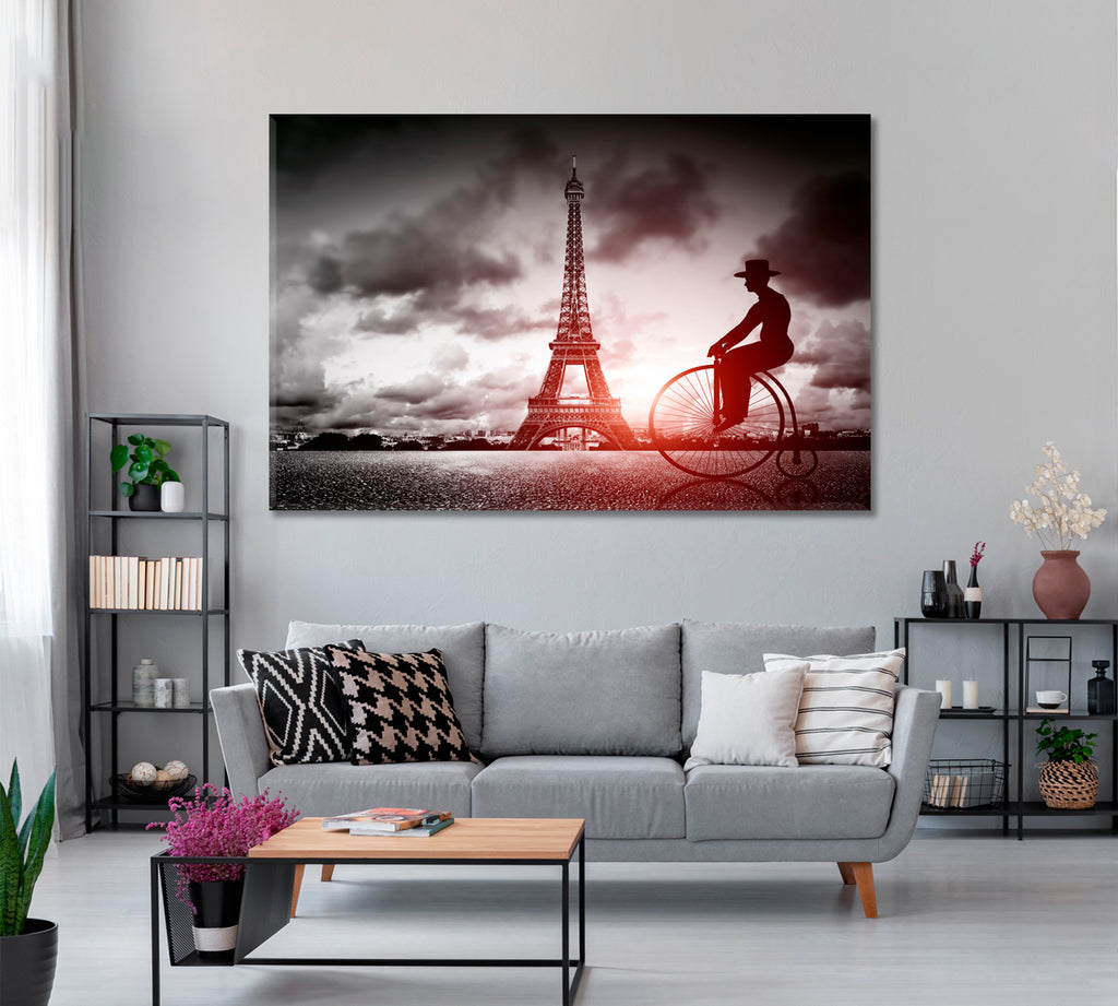 Man on Penny-Farthing Bicycle next to Eiffel Tower Canvas Print ArtLexy 1 Panel 24"x16" inches 