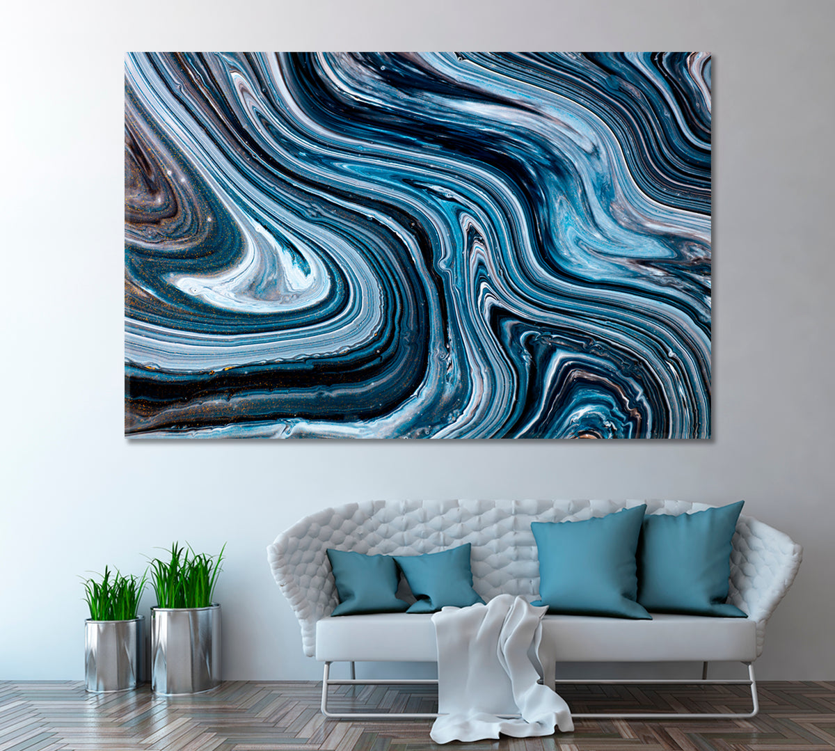 Abstract Blue Fluid Acrylic Pattern Canvas Print ArtLexy 1 Panel 24"x16" inches 