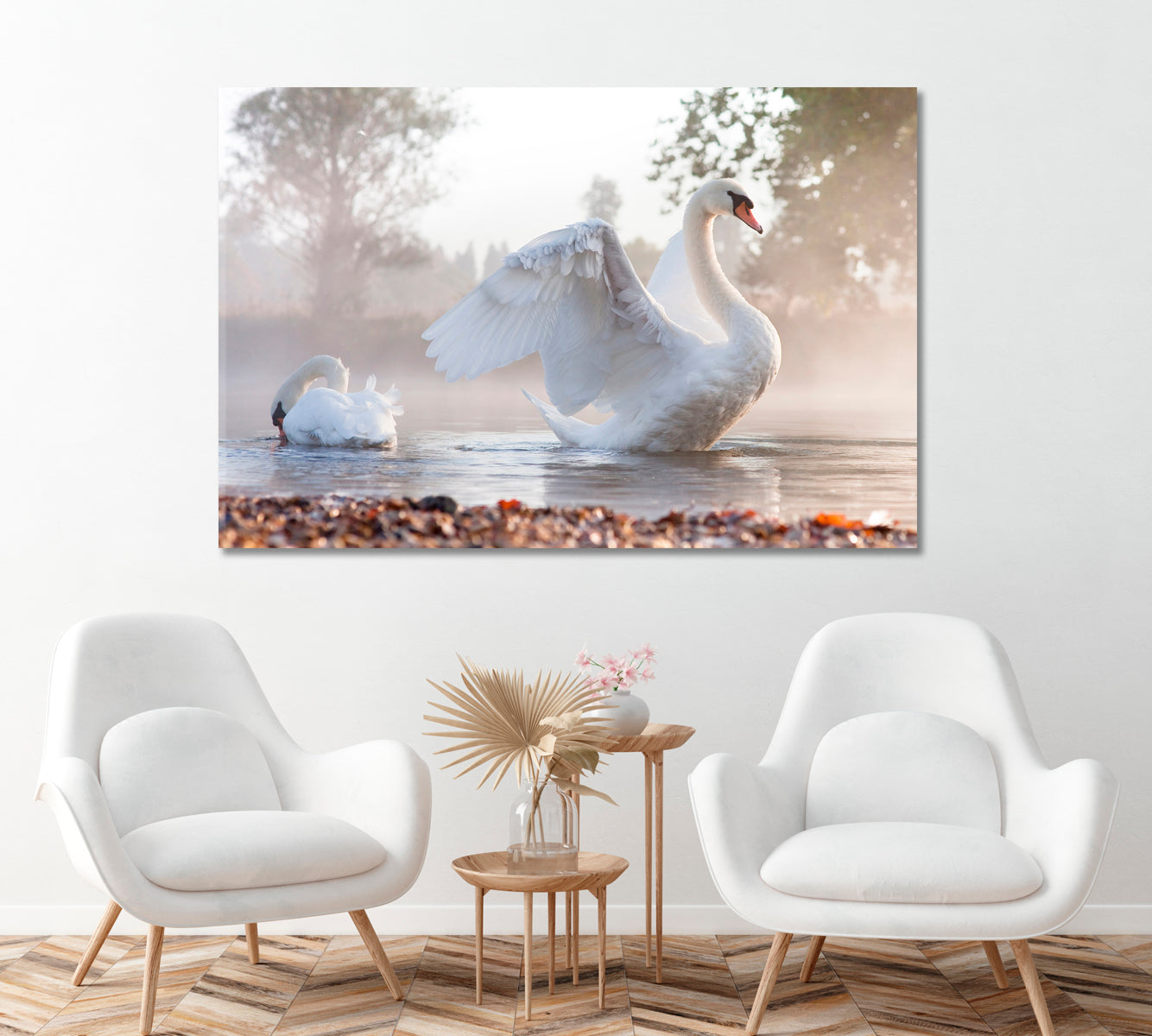 White Swan on Foggy Lake Canvas Print ArtLexy 1 Panel 24"x16" inches 