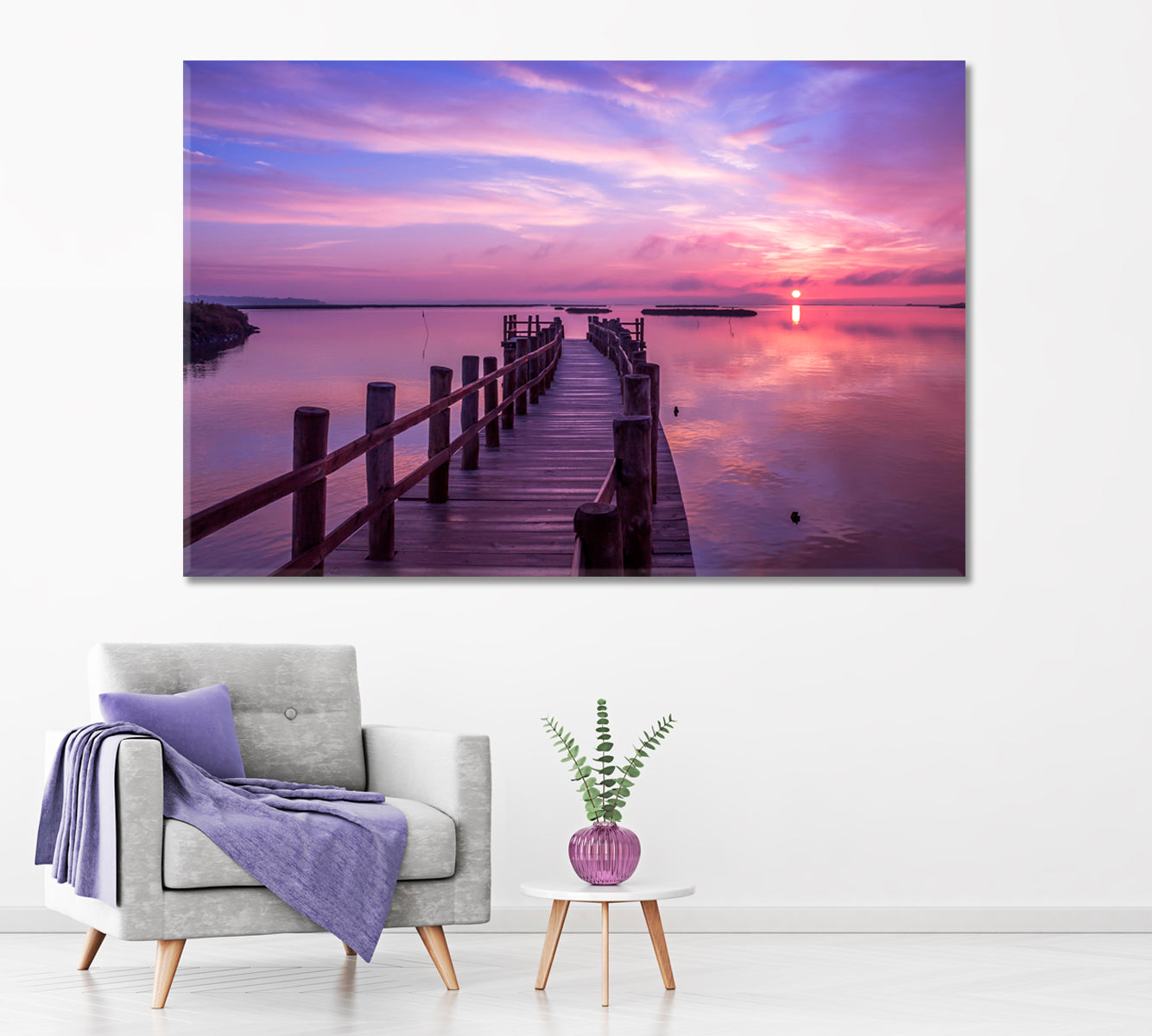 Beautiful Sunset with Wooden Pier Portugal Canvas Print ArtLexy 1 Panel 24"x16" inches 