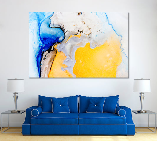 Abstract Yellow and Blue Mixed Acrylic Paints Canvas Print ArtLexy 1 Panel 24"x16" inches 