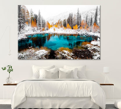 Blue Geyser Lake in Winter Forest Altai Russia Canvas Print ArtLexy 1 Panel 24"x16" inches 