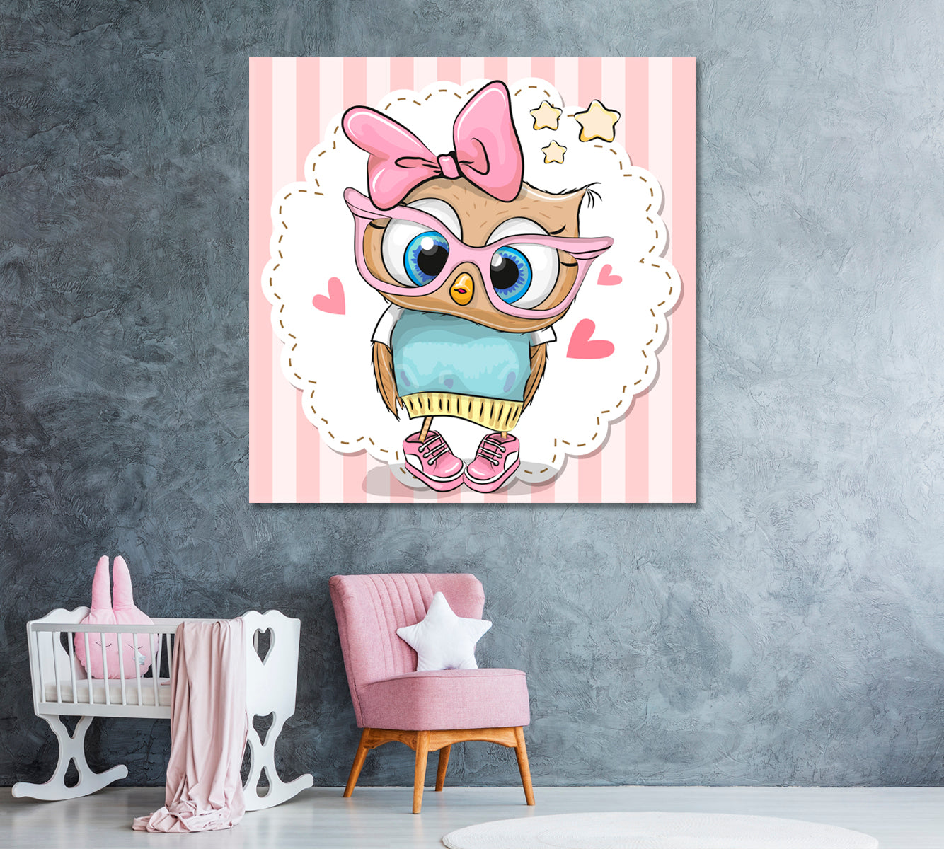 Cartoon Owl in Pink Eyeglasses Canvas Print ArtLexy 1 Panel 12"x12" inches 