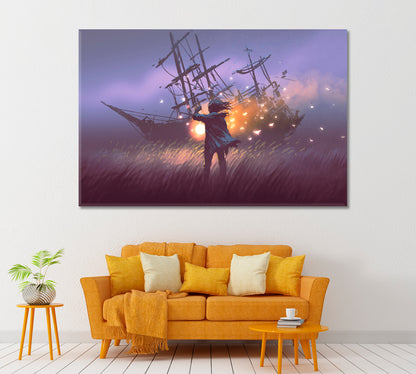 Man with Lantern Found Magic Ship in Field Canvas Print ArtLexy 1 Panel 24"x16" inches 