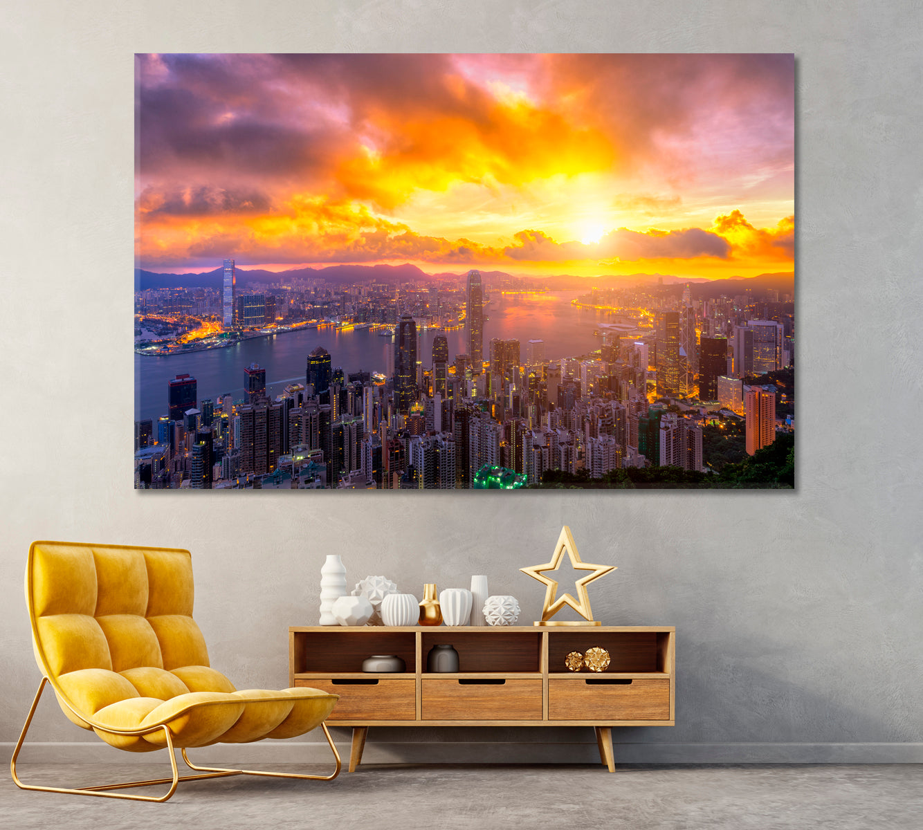 Hong Kong City Skyline at Sunrise Canvas Print ArtLexy 1 Panel 24"x16" inches 