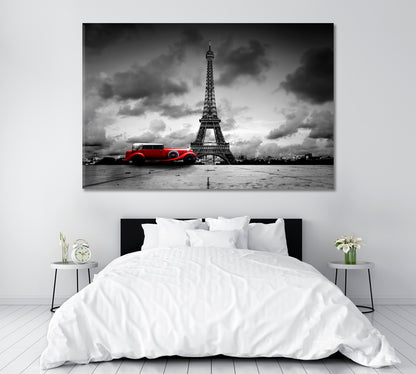 Eiffel Tower and Red Retro Car Canvas Print ArtLexy 1 Panel 24"x16" inches 