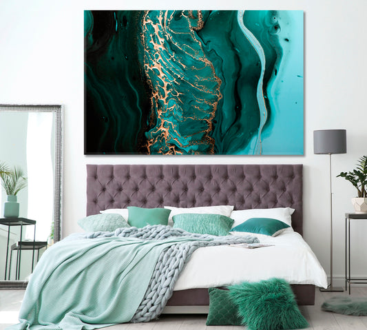 Abstract Green Waves with Gold Swirls Canvas Print ArtLexy 1 Panel 24"x16" inches 