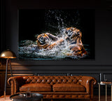 Two Tigers Play in Water Canvas Print ArtLexy 1 Panel 24"x16" inches 