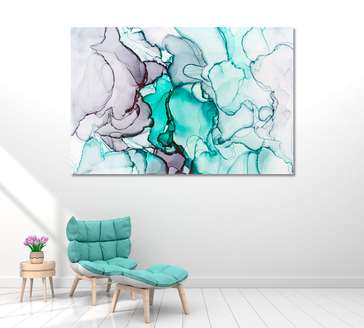 Abstract Mixed Turquoise and Grey Ink Canvas Print ArtLexy 1 Panel 24"x16" inches 