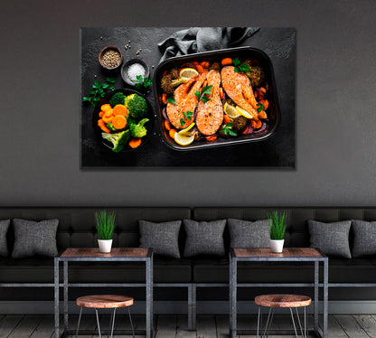 Baked Salmon Fish with Vegetables Canvas Print ArtLexy 1 Panel 24"x16" inches 