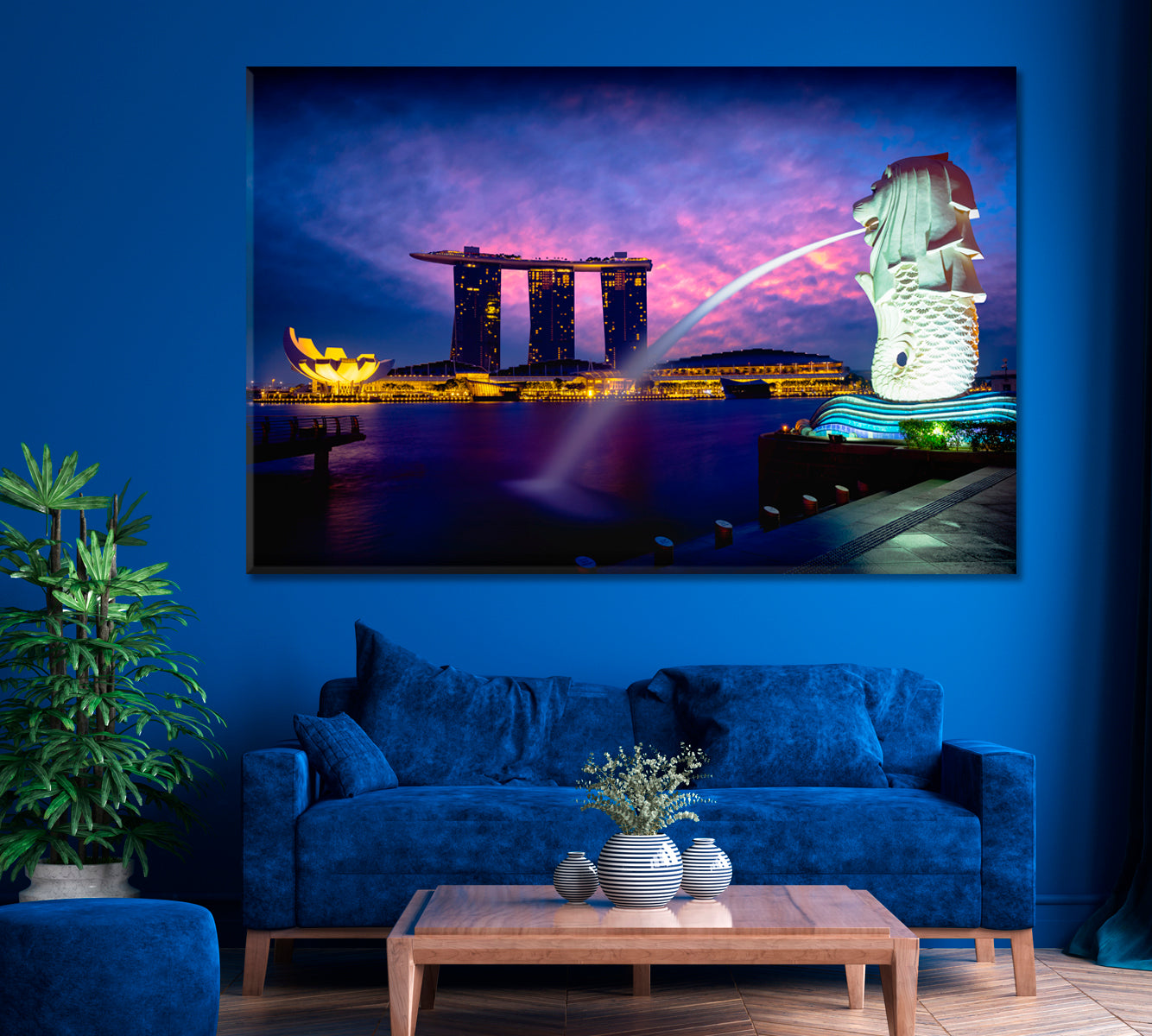 Merlion Fountain and Marina Bay Singapore Canvas Print ArtLexy 1 Panel 24"x16" inches 