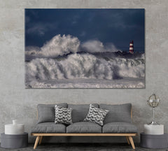 Huge Waves Crash into Lighthouse in Portugal Canvas Print ArtLexy 1 Panel 24"x16" inches 