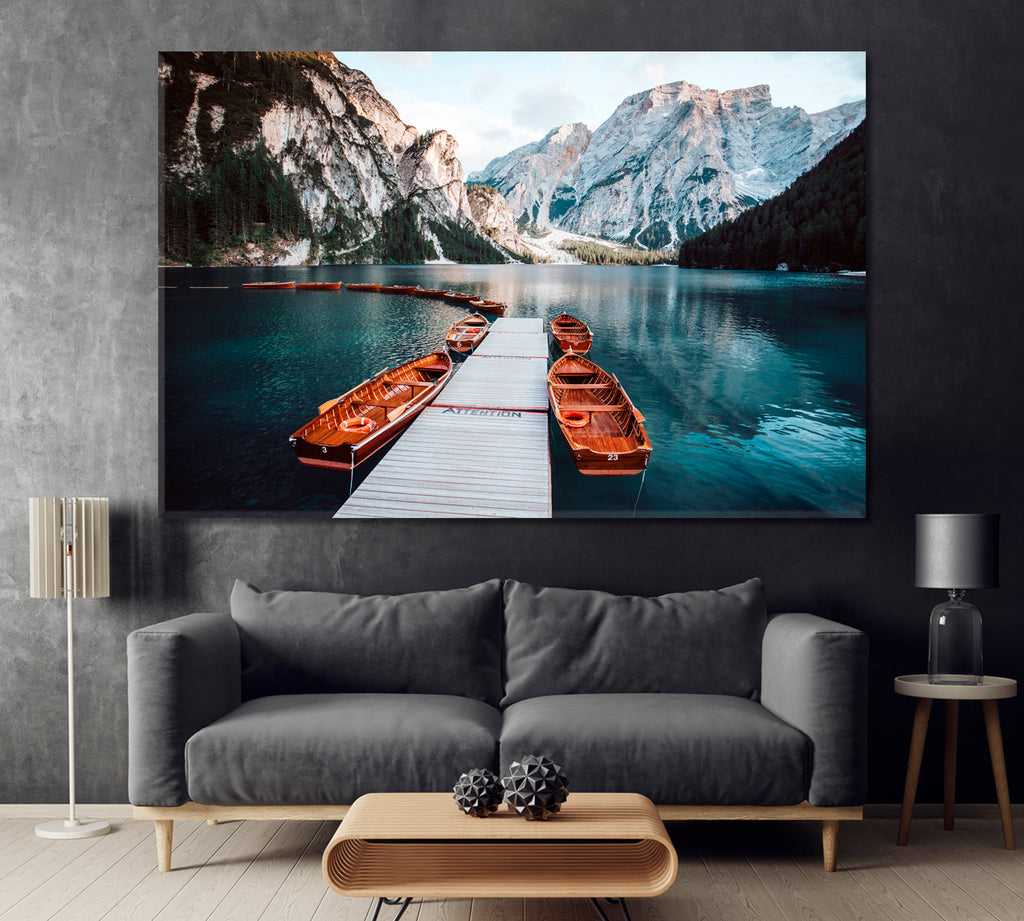 Lake Braies Pragser Wildsee in Dolomites Mountains Italy Canvas Print ArtLexy 1 Panel 24"x16" inches 