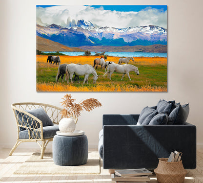 Horses in Torres del Paine National Park Canvas Print ArtLexy 1 Panel 24"x16" inches 