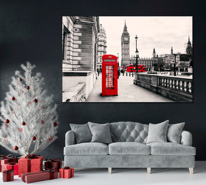 Red Phone Booth in London with Big Ben Canvas Print ArtLexy 1 Panel 24"x16" inches 