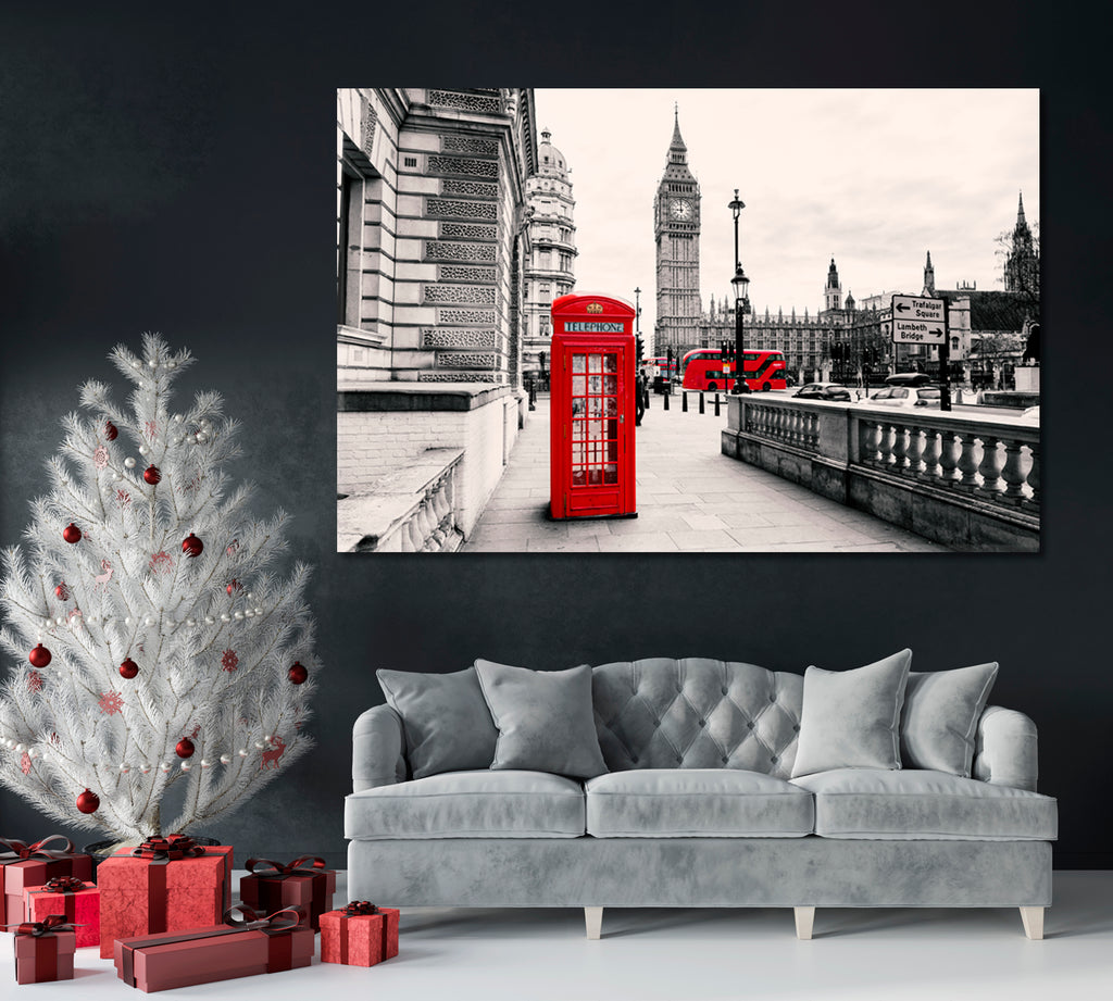Red Phone Booth in London with Big Ben Canvas Print ArtLexy 1 Panel 24"x16" inches 