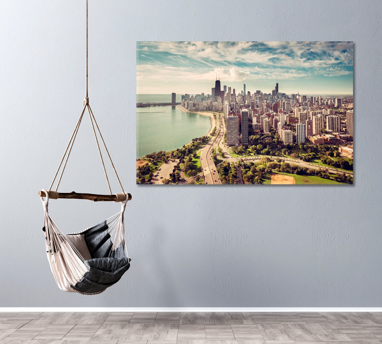 Chicago Skyline with Road by the Beach Canvas Print ArtLexy 1 Panel 24"x16" inches 
