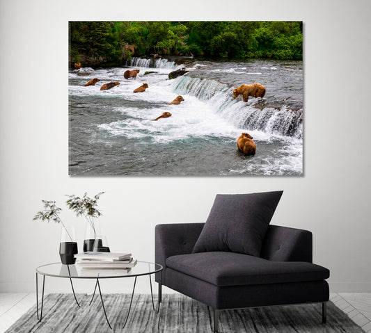 Bears Hunting Salmon at Brooks Falls Alaska Canvas Print ArtLexy   