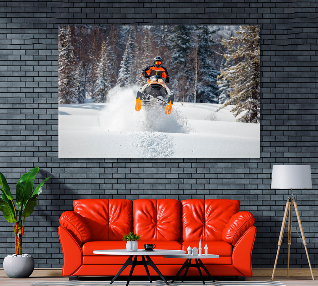 Sportsman on Snowmobile in Winter Forest Canvas Print ArtLexy 1 Panel 24"x16" inches 