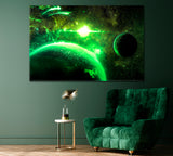 Green Planet and Moon Canvas Print ArtLexy 1 Panel 24"x16" inches 