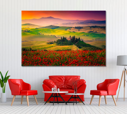 Tuscany Landscape with Poppy Field Canvas Print ArtLexy 1 Panel 24"x16" inches 
