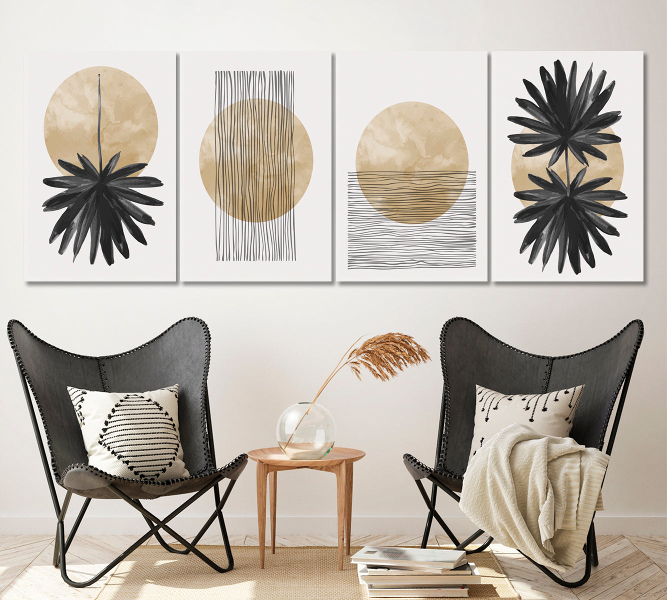 Set of 4 Vertical Minimalist Tropical Palm Leaves and Sunset Canvas Print ArtLexy   