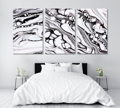 Set of 3 Abstract Black & White Fluid Marble Waves Canvas Print ArtLexy 3 Panels 48”x24” inches 