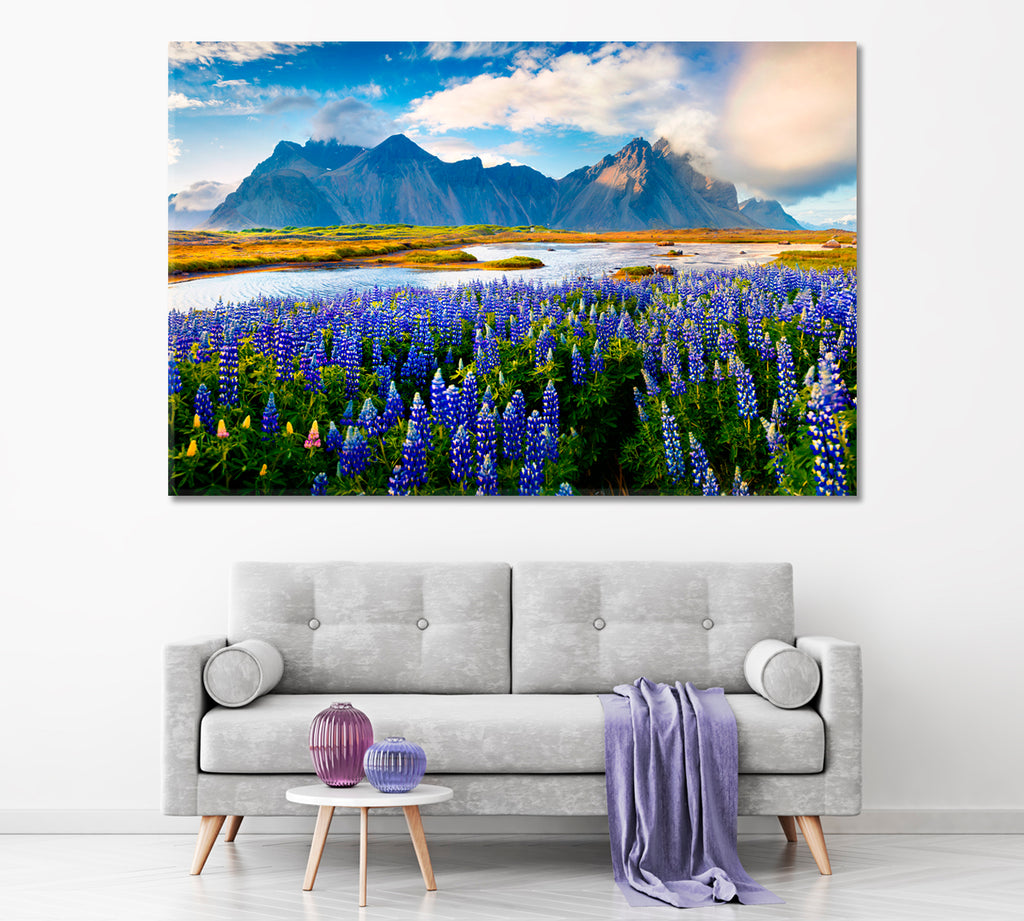 Vestrahorn Mountain and Beautiful Lupine Flowers Iceland Canvas Print ArtLexy 1 Panel 24"x16" inches 