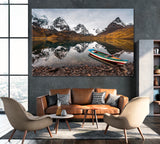 Condoriri Mountain and Laguna Chiar Khota with Boat Bolivia Canvas Print ArtLexy 1 Panel 24"x16" inches 