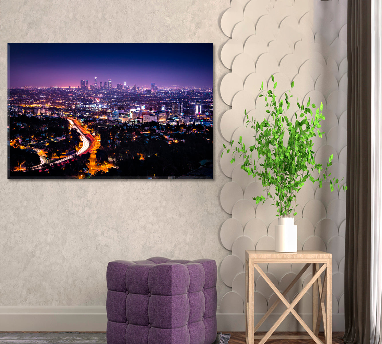 Los Angeles Skyline at Night Canvas Print ArtLexy 1 Panel 24"x16" inches 