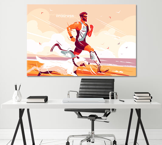 Running Sportsman with Prosthesis and Dog Canvas Print ArtLexy 1 Panel 24"x16" inches 