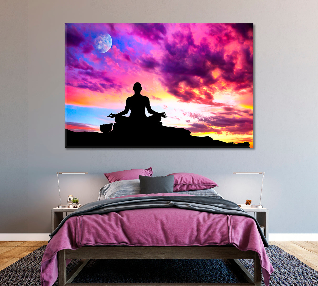Man Meditating Yoga in Lotus Pose at Sunset Canvas Print ArtLexy 1 Panel 24"x16" inches 