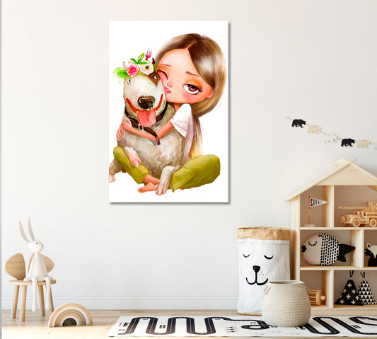Cute Girl with Dog Canvas Print ArtLexy 1 Panel 16"x24" inches 