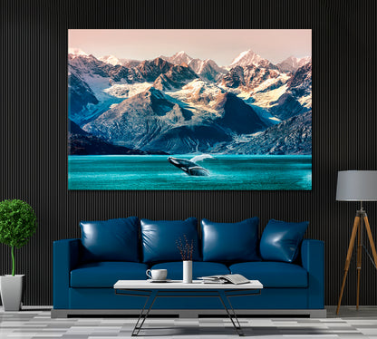 Whale In Ocean With Alaskan Mountain Landscape Canvas Print ArtLexy   