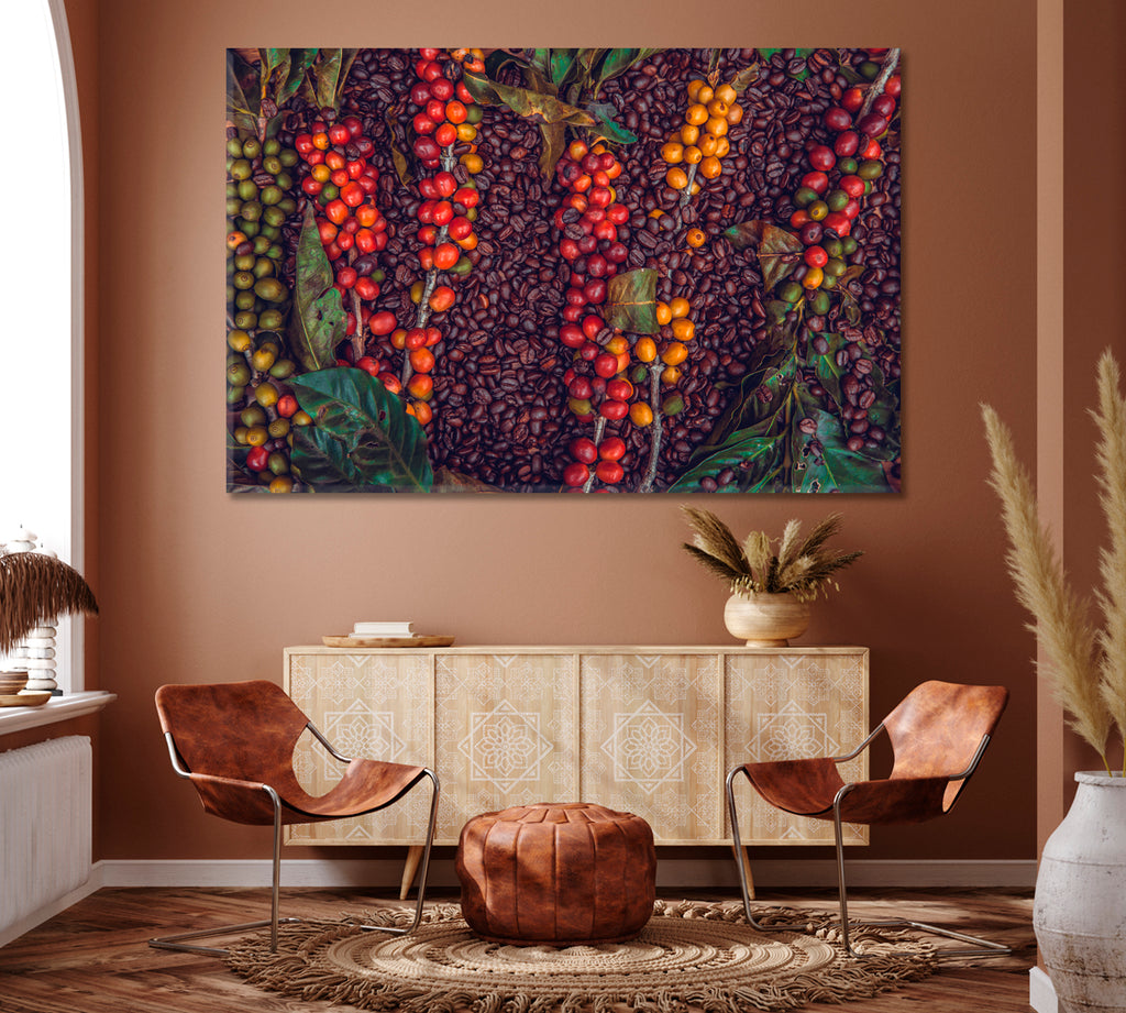 Coffee Beans and Coffee Berries Canvas Print ArtLexy 1 Panel 24"x16" inches 
