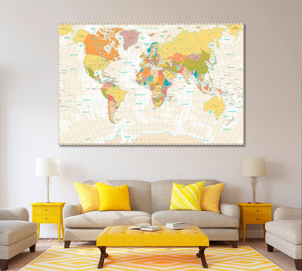 Vintage Political World Map Canvas Print ArtLexy 1 Panel 24"x16" inches 