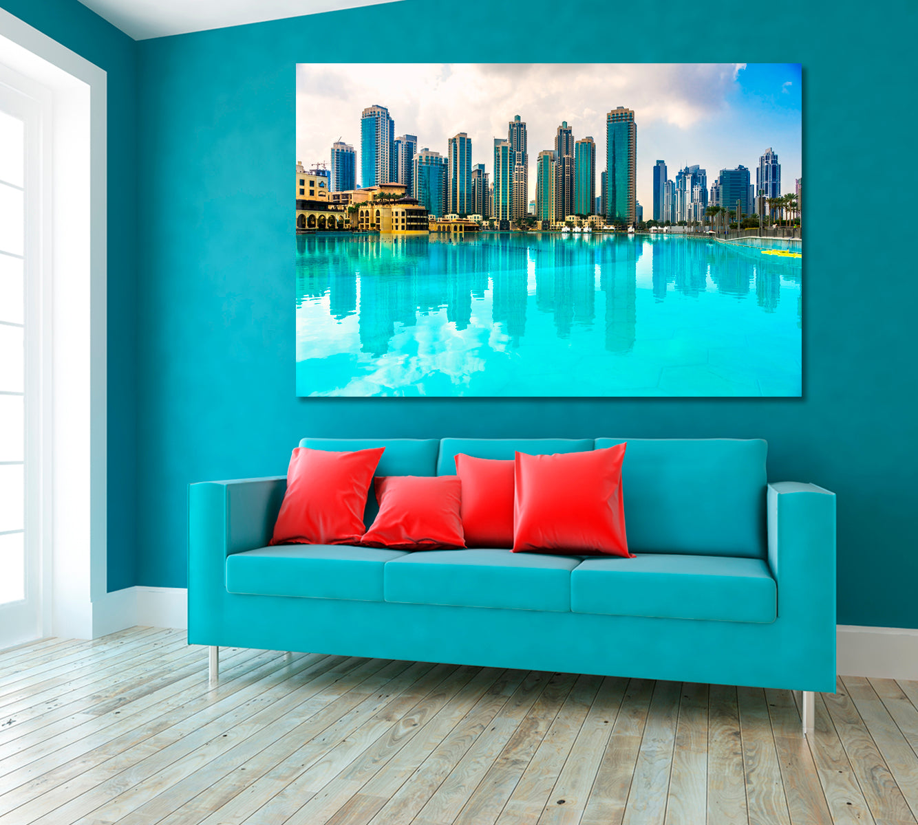 Dubai Cityscape with Singing Fountains Canvas Print ArtLexy 1 Panel 24"x16" inches 