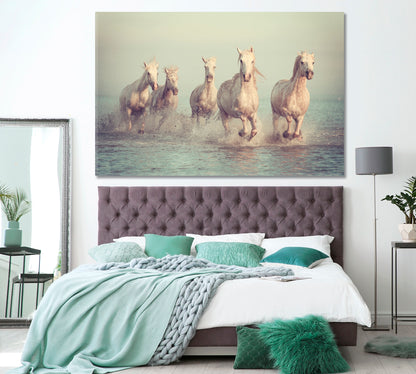 Herd of White Horses Running in Sea Canvas Print ArtLexy 1 Panel 24"x16" inches 