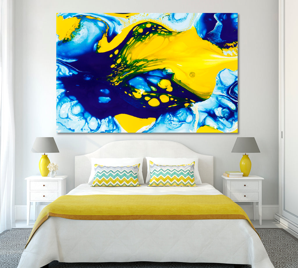 Abstract Mix Blue and Yellow Color Paints Canvas Print ArtLexy 1 Panel 24"x16" inches 