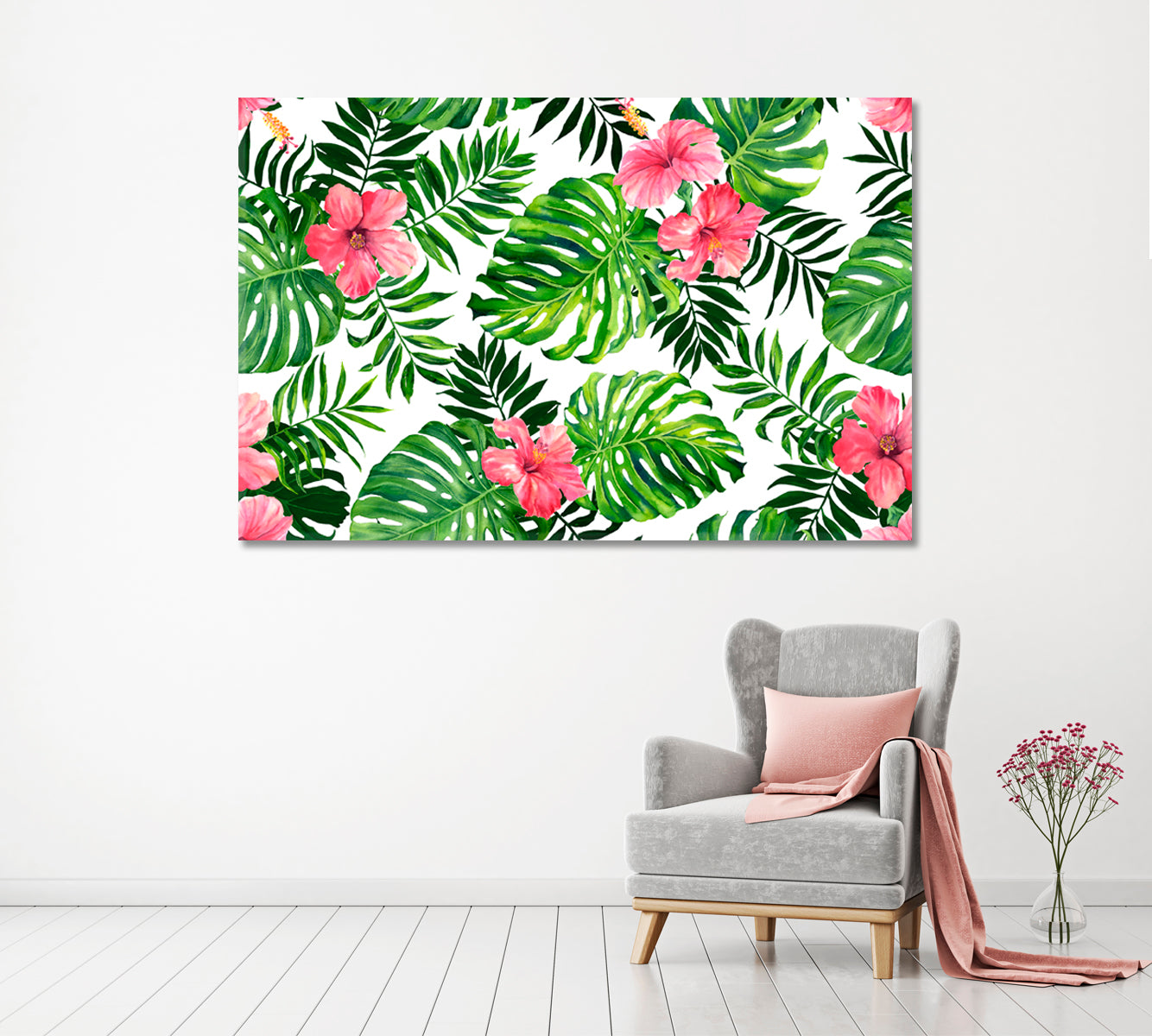 Hibiscus Flowers with Tropical Leaves Canvas Print ArtLexy 1 Panel 24"x16" inches 