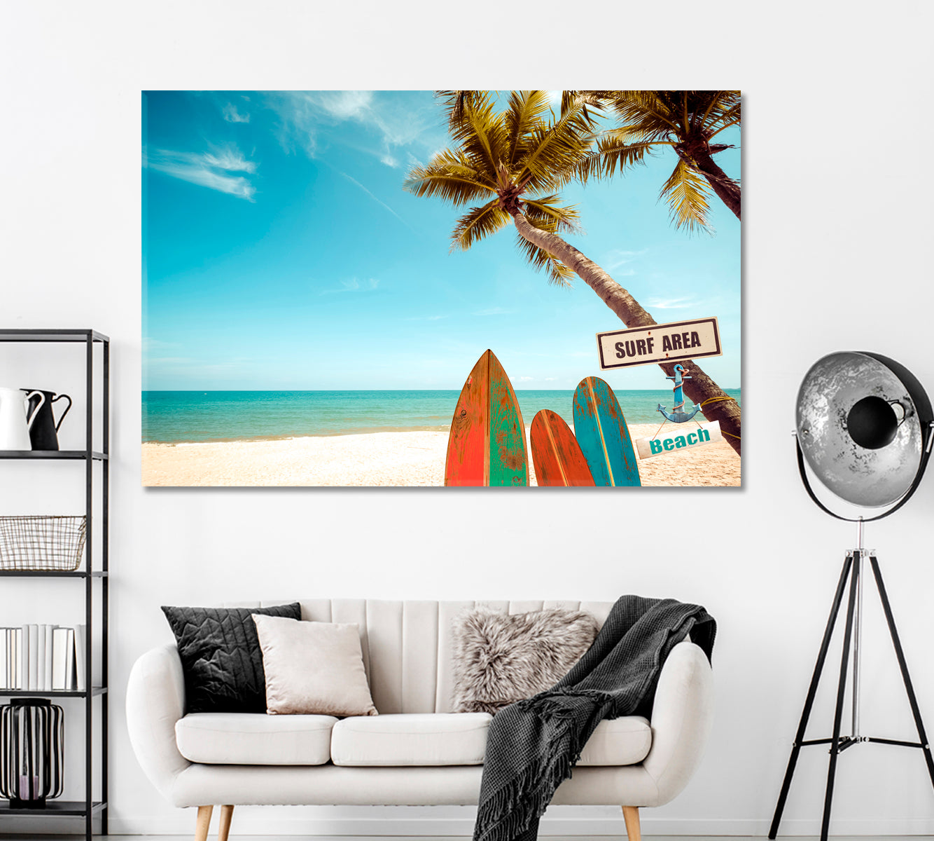 Surfboards on Tropical Beach with Palm Trees Canvas Print ArtLexy 1 Panel 24"x16" inches 