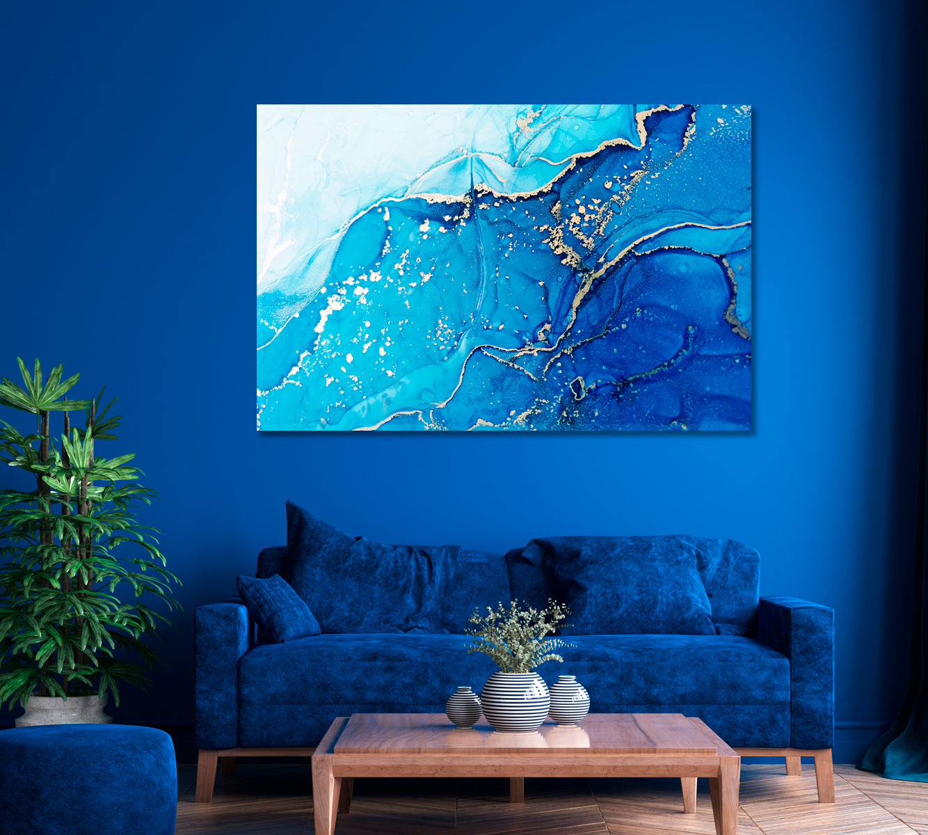 Abstract Blue Liquid Marble Spots Canvas Print ArtLexy 1 Panel 24"x16" inches 