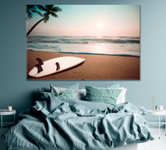 Surfboard on Tropical Beach Canvas Print ArtLexy 1 Panel 24"x16" inches 