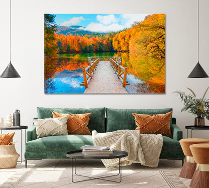 Autumn Forest Landscape with Wooden Pier in Seven Lakes Yedigoller Park Bolu Turkey Canvas Print ArtLexy   