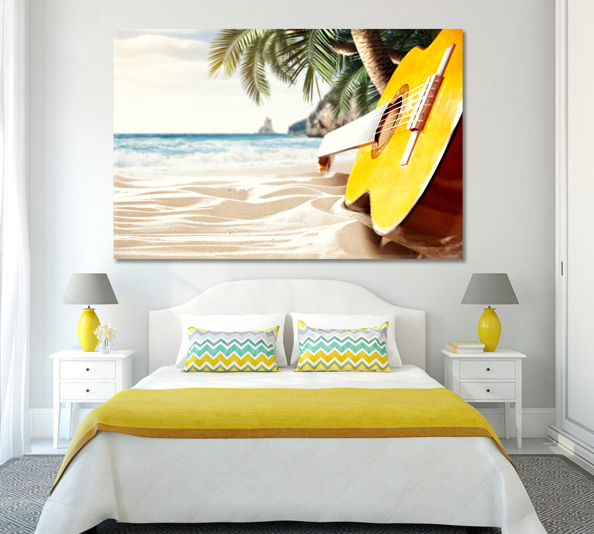 Guitar on the Sand Beach Canvas Print ArtLexy 1 Panel 24"x16" inches 