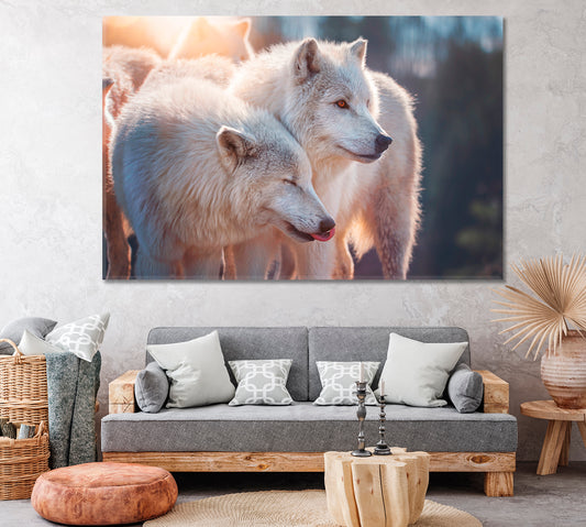 Two Beautiful Arctic Wolf in Forest Canvas Print ArtLexy 1 Panel 24"x16" inches 
