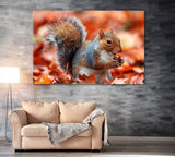 Squirrel with Acorn in Autumn Leaves Canvas Print ArtLexy 1 Panel 24"x16" inches 