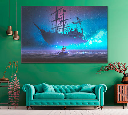 Sailing Ship Floating in Starry Sky Canvas Print ArtLexy 1 Panel 24"x16" inches 