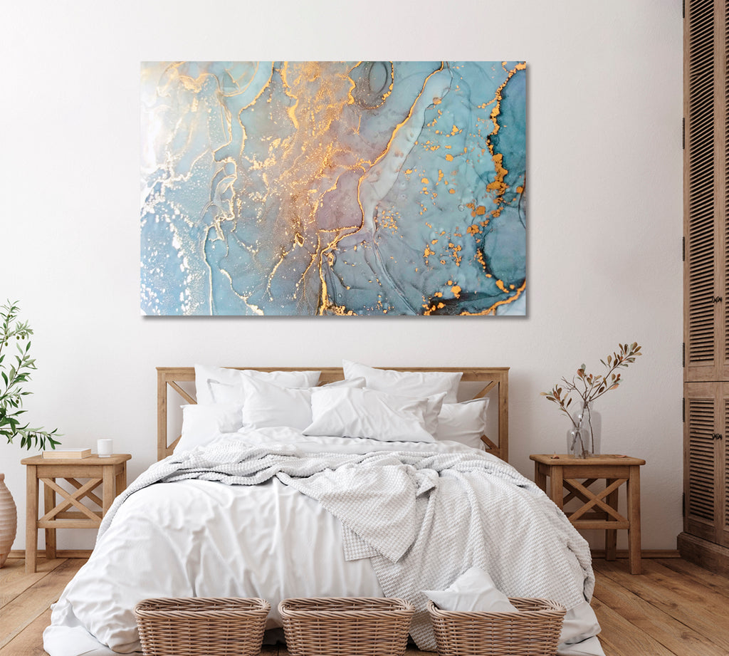 Abstract Blue Liquid Marble with Gold Veins Canvas Print ArtLexy 1 Panel 24"x16" inches 