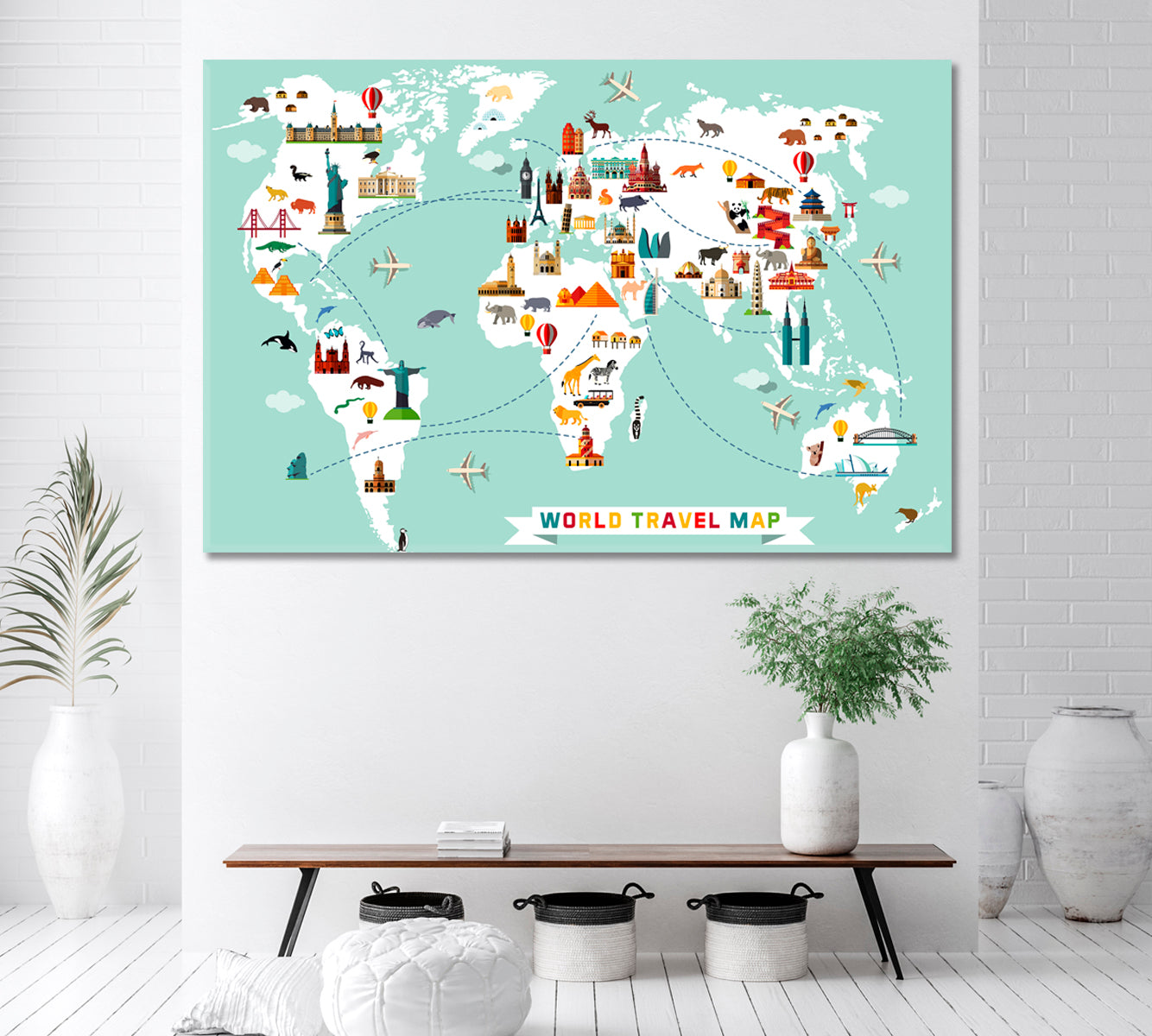 World Map with Animals and Landmarks Canvas Print ArtLexy 1 Panel 24"x16" inches 